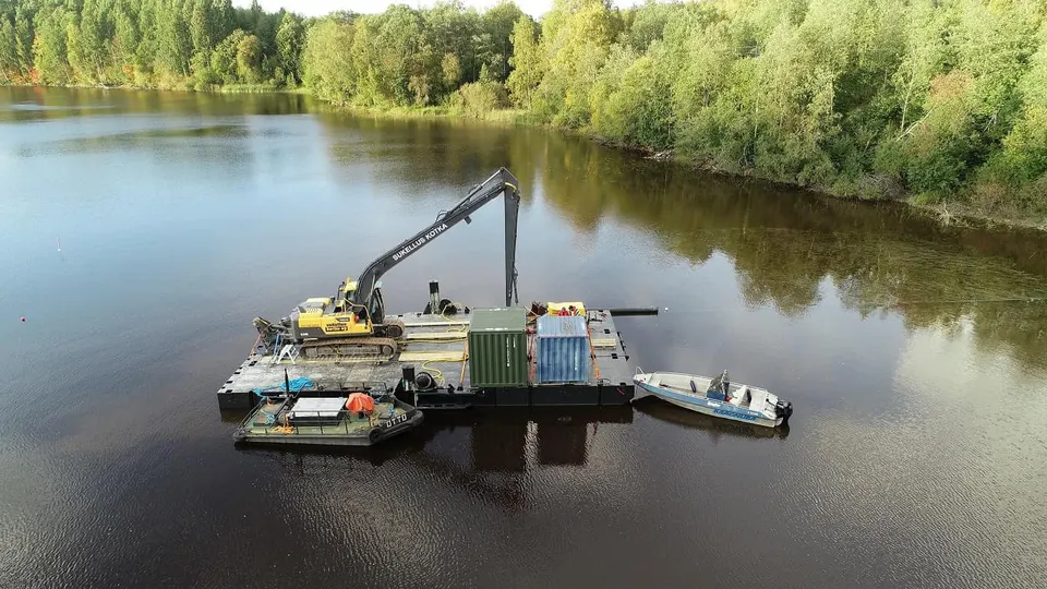 Completed dredging platform on the water, ready for deployment
